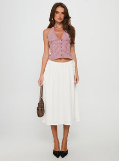   front view of model wearing Princess Polly Persuasion Tie Side Midi Skirt White Midi Skirts Skirts 