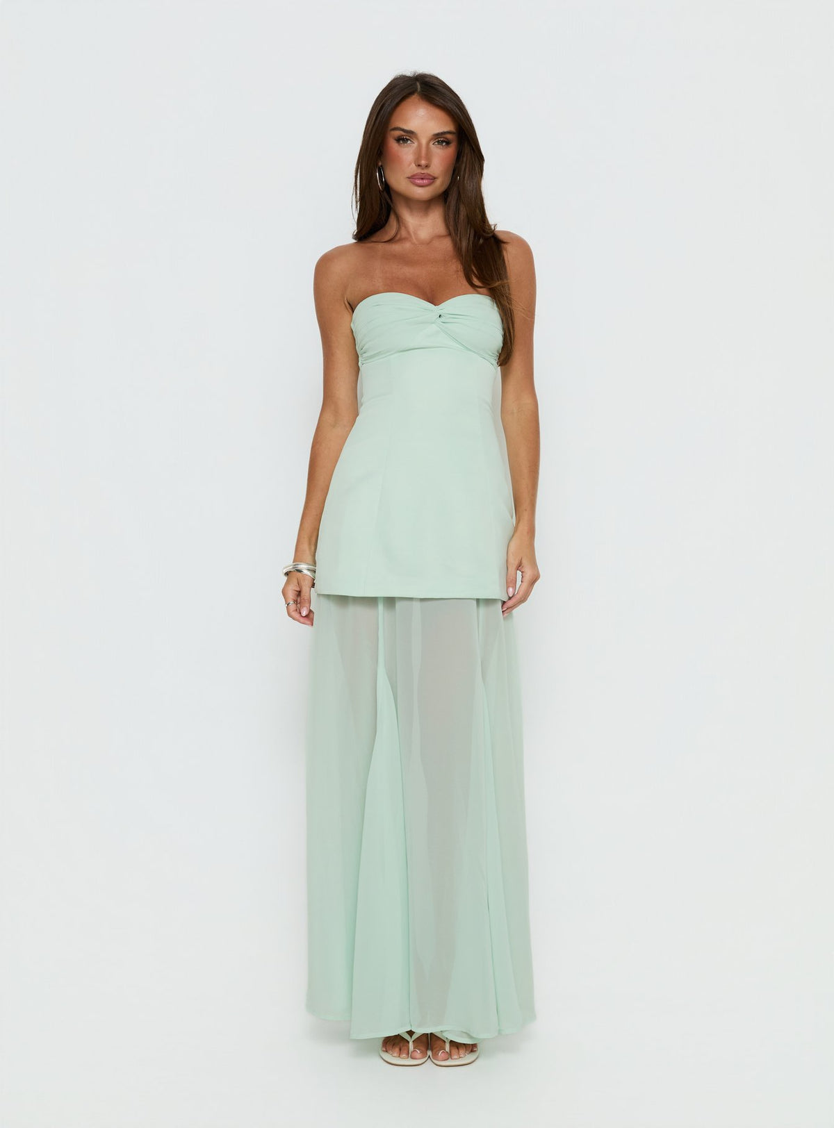 Flashy Sheer Chiffon Strapless Maxi Dress Green