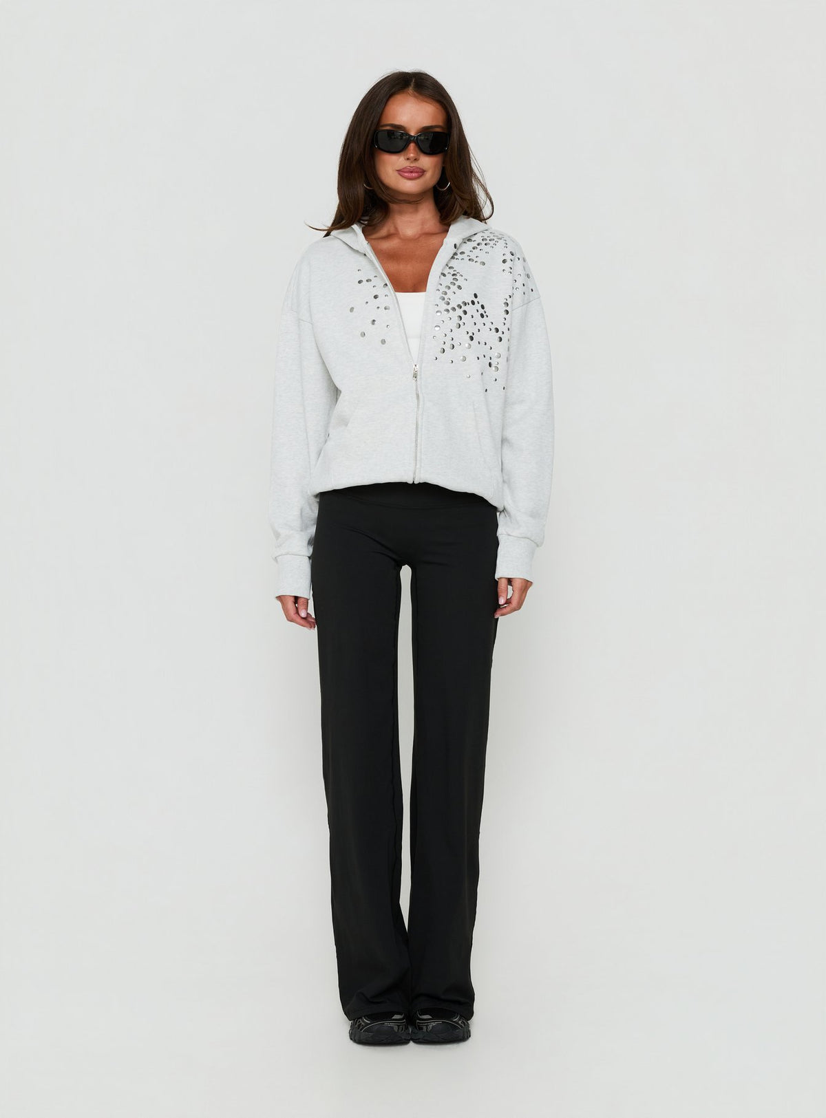 Discover the All Day Studded Oversized Hoodie Grey Marle in womens-jumpers with short length front view of model wearing Princess Polly