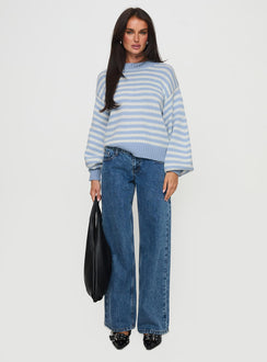 back view of model wearing Princess Polly Harmony Balloon Sleeve Knit Sweater Blue / White Stripe Cropped Jumpers Jumpers 