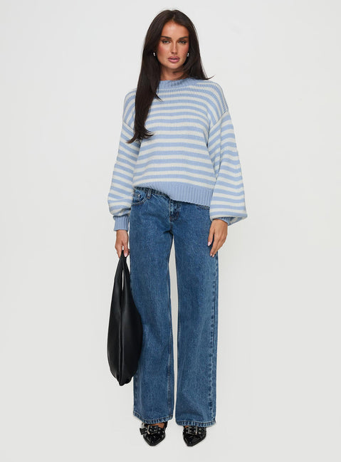 back view of model wearing Princess Polly Harmony Balloon Sleeve Knit Sweater Blue / White Stripe Cropped Jumpers Jumpers 