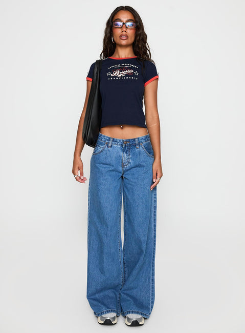 front view of model wearing Princess Polly So Brooklyn Graphic Tee Blue Short Sleeves Crew Neck 
