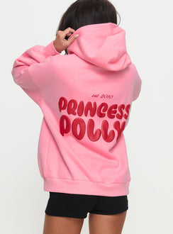 back view of model wearing Princess Polly Princess Polly Hooded Sweatshirt Bubble Text Pink / Red Longline Jumpers Jumpers 