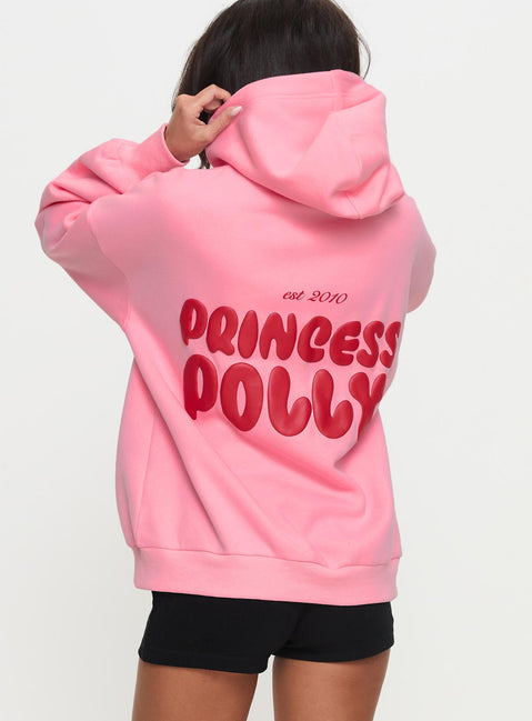 back view of model wearing Princess Polly Princess Polly Hooded Sweatshirt Bubble Text Pink / Red Longline Jumpers Jumpers 