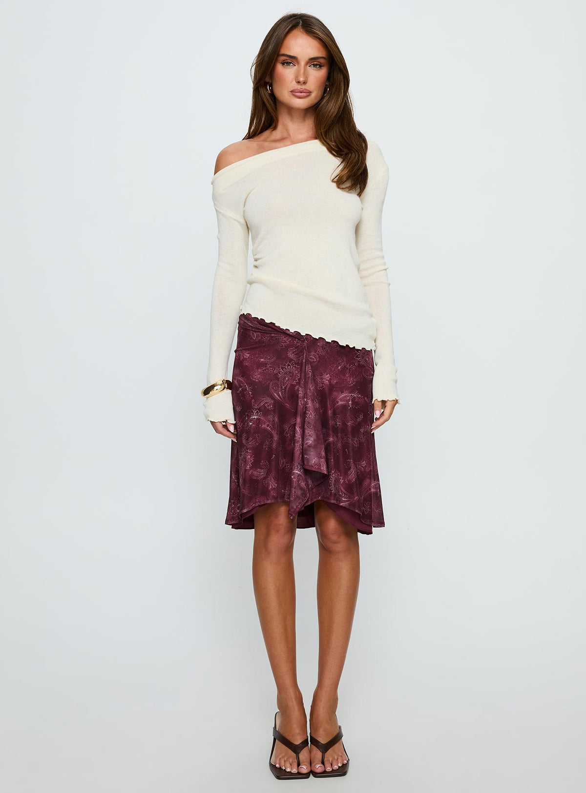   front view of model wearing Princess Polly Esmeray Midi Skirt Mesh Tonal Paisley Plum Skirts 