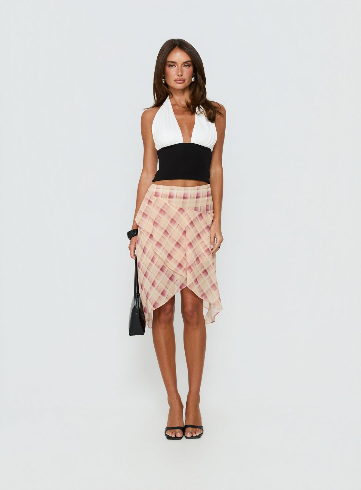   front view of model wearing Princess Polly Natana Asymmetrical Midi Skirt Multi Check Skirts 