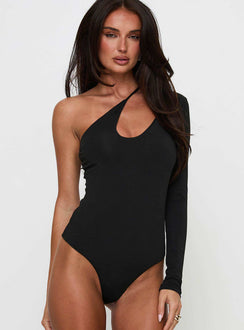 side view of model wearing Princess Polly Play Pretend One Sleeve Bodysuit Black Long Sleeve Tops Bodysuit 