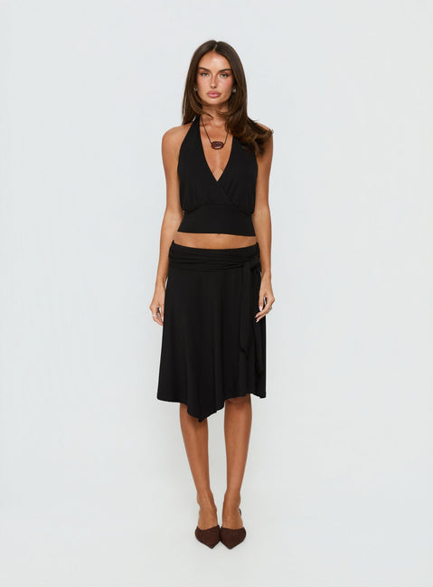 back view of model wearing Princess Polly Soft Focus Tie Waist Midi Skirt Black Midi Skirts Skirts 