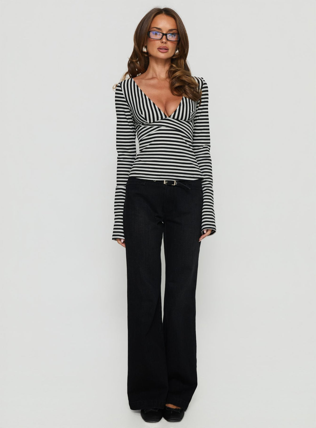 Madelon Long Sleeve Wrap Top Black / Grey Stripe
