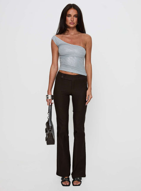 front view of model wearing Princess Polly Kinkirk Flared Pants Chocolate Tall Low Rise Pants Pants 