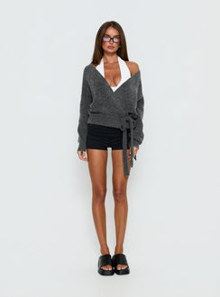 Showcasing the Daelan Wrap Knit Cardigan Charcoal womens jumpers in short length front view of model wearing Princess Polly