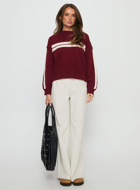front view of model wearing Princess Polly Catherin Crew Neck Knit Sweater Red / White Cropped Jumpers Jumpers 