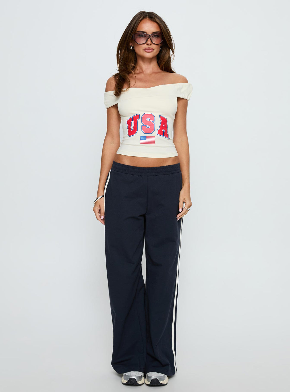 American Spirit Off the Shoulder Graphic Top Cream