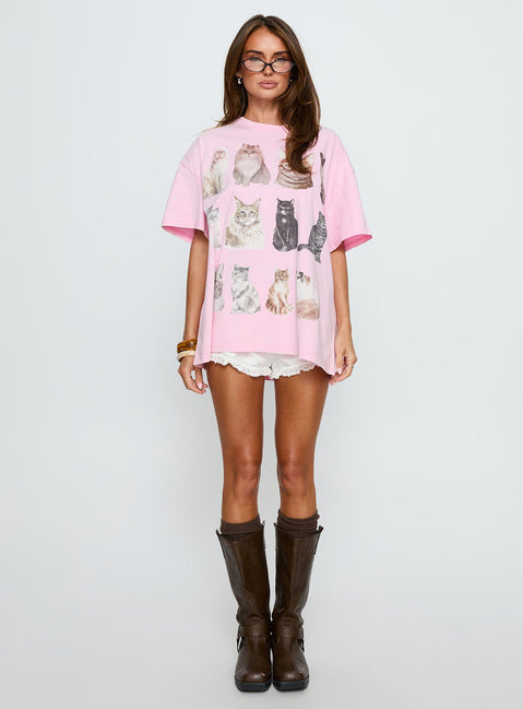 Feline Companions Oversized Graphic Tee Pink