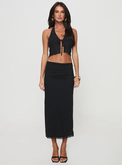 Matching set Crop top, halter neck tie, tie fastening at bust Low rise maxi skirt, split hem, lettuce edge hem Good stretch, partially lined