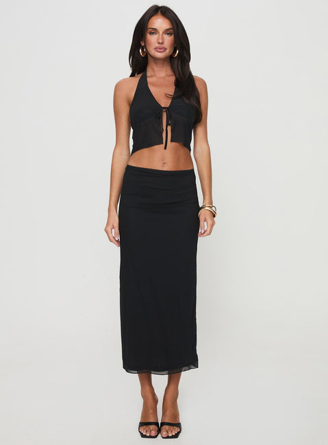 Matching set Crop top, halter neck tie, tie fastening at bust Low rise maxi skirt, split hem, lettuce edge hem Good stretch, partially lined