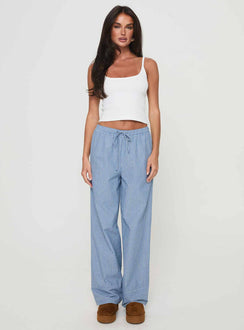front view of model wearing Princess Polly Veridian Pants Blue Stripe Mid Rise Pants Pants 