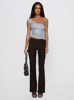 front view of model wearing Princess Polly Kinkirk Flared Pants Chocolate Petite Low Rise Pants Pants 