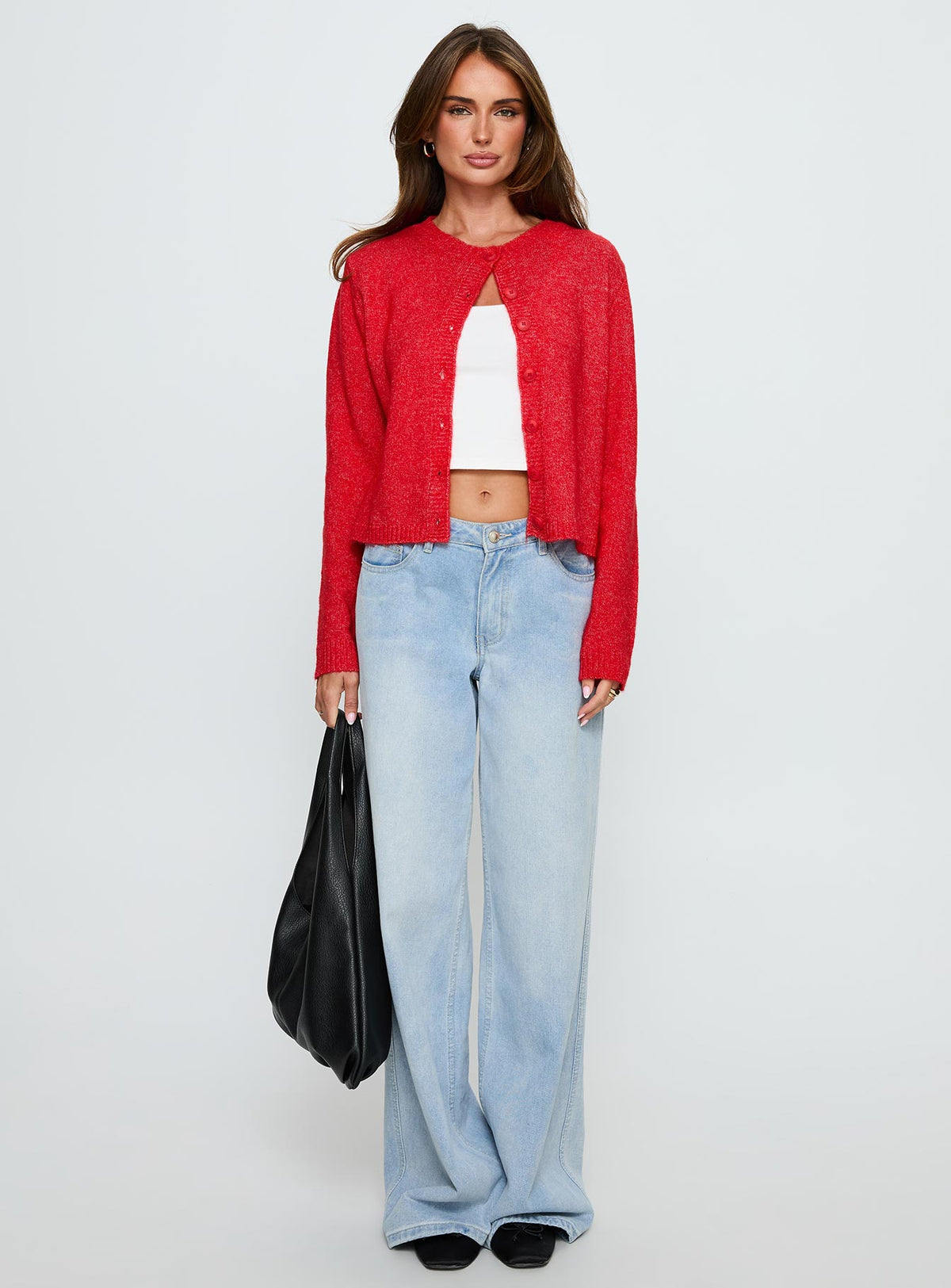 back view of model wearing Princess Polly Denmark Cardigan Red cropped Jumpers 