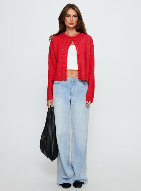 back view of model wearing Princess Polly Denmark Cardigan Red cropped Jumpers 