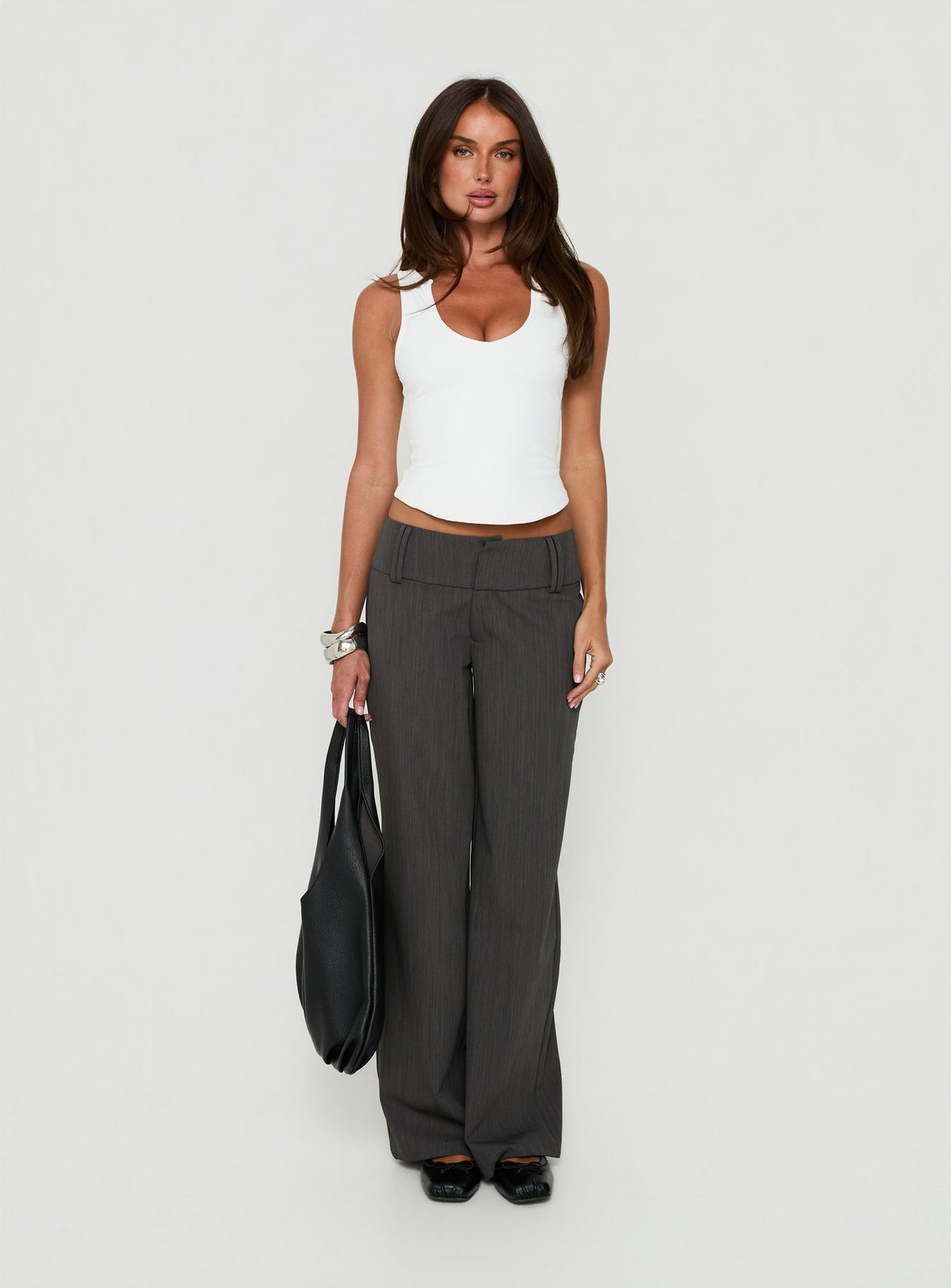 Klarika Lace Up Pants Charcoal womens-regular-pants with high-rise front view of model wearing Princess Polly