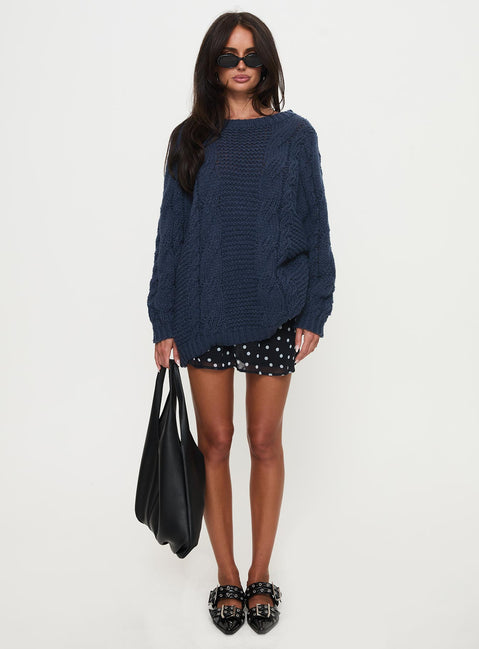 front view of model wearing Princess Polly Gabrieal Knit Sweater Navy Longline Jumpers Jumpers 