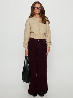front view of model wearing Princess Polly Jacynda Low Waist Wide Leg Corduroy Jeans Currant Mid Rise Jeans Jeans 