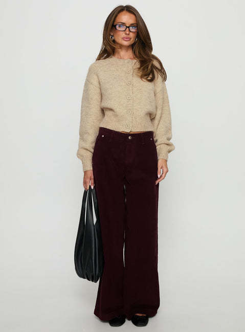 front view of model wearing Princess Polly Jacynda Low Waist Wide Leg Corduroy Jeans Currant Mid Rise Jeans Jeans 