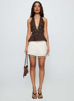 front view of model wearing Princess Polly Movies End Halter Top Brown Sleeveless Plunger 