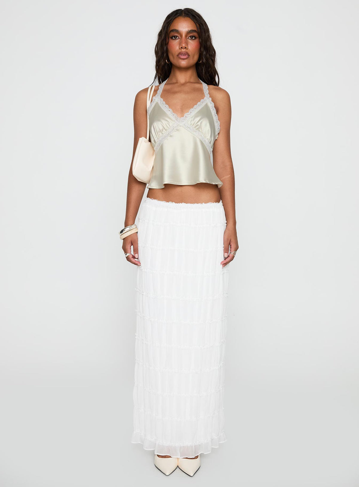   front view of model wearing Princess Polly Estefania Maxi Skirt White Maxi Skirts Skirts 