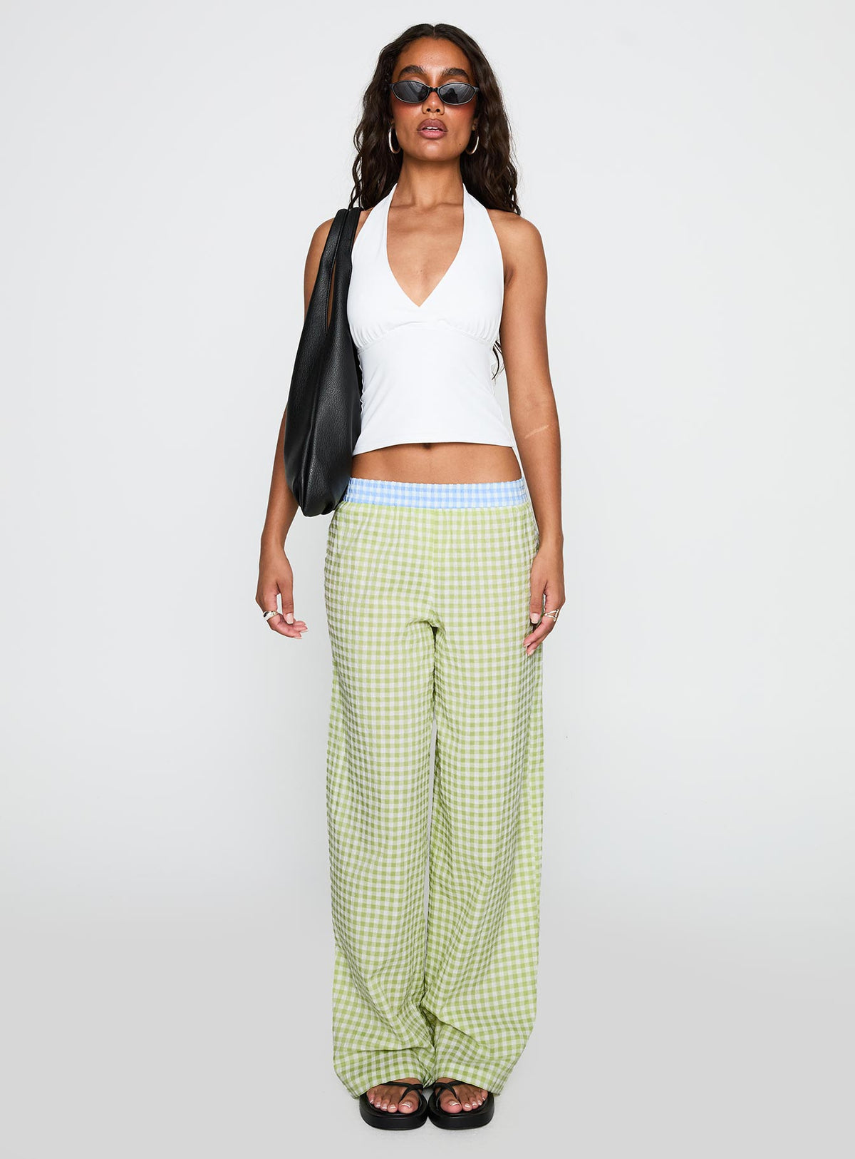 front view of model wearing Princess Polly Neevie Wide Leg Pants Green High Rise Pants Pants 