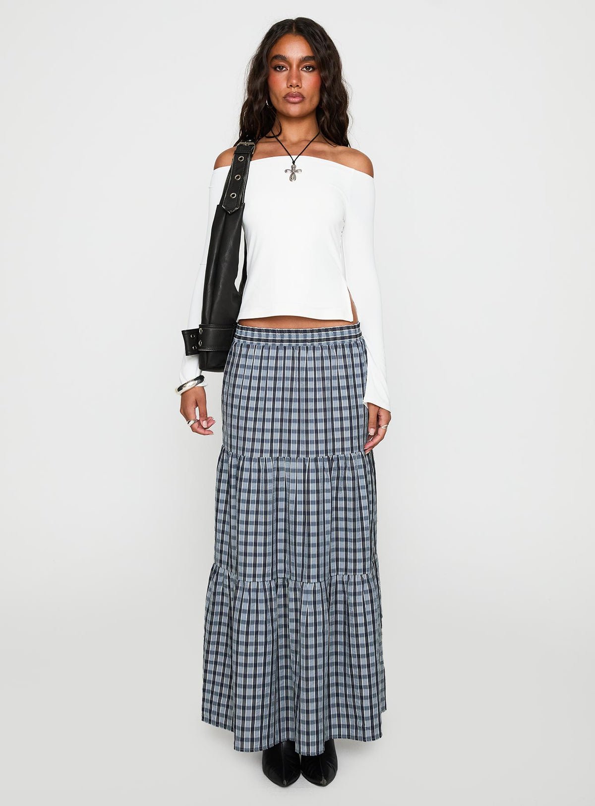   front view of model wearing Princess Polly Rockwell Tiered Midi Skirt Navy Check Maxi 