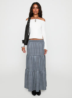   front view of model wearing Princess Polly Rockwell Tiered Midi Skirt Navy Check Maxi 