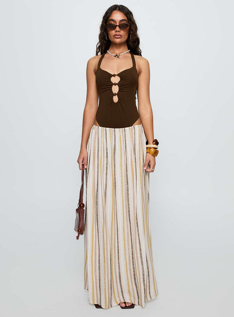   side view of model wearing Princess Polly Aisla Maxi Skirt Multi Maxi Skirts Skirts 