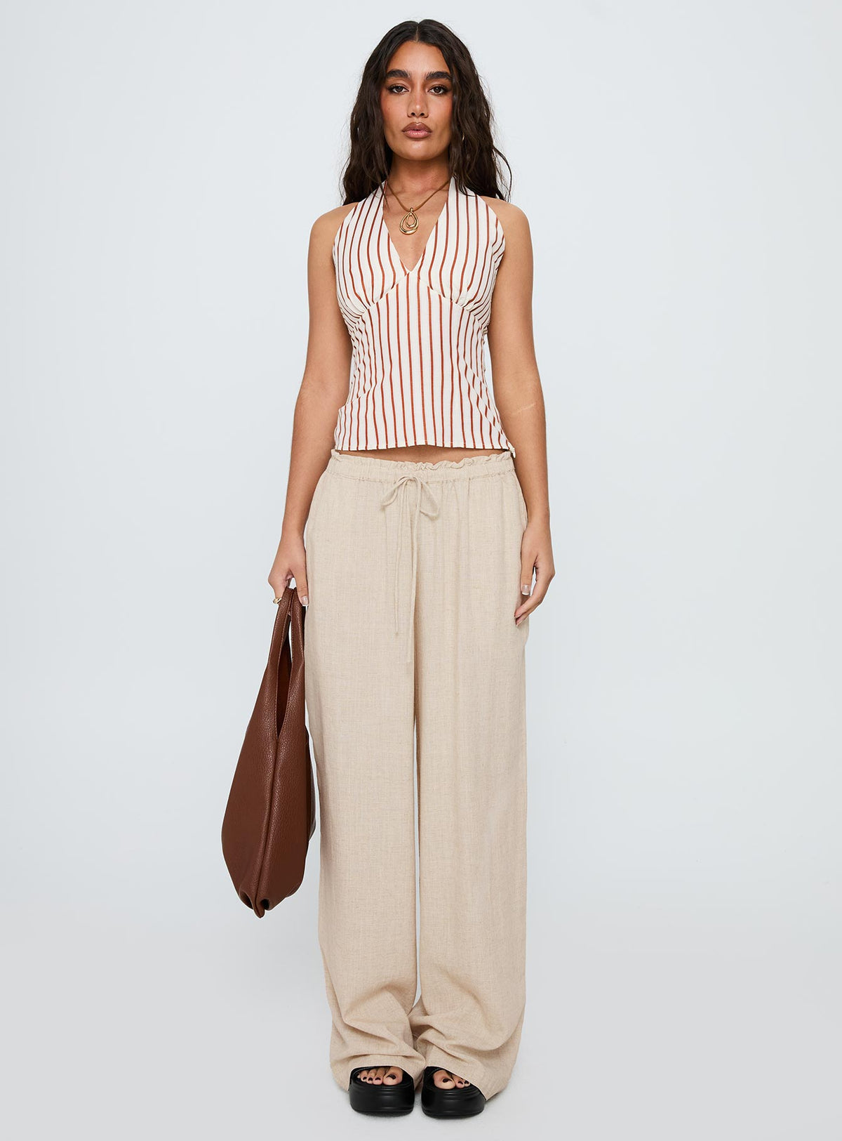 side view of model wearing Princess Polly Seascape Oversize Tie Pants Natural High Rise Pants Pants 
