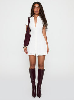 front view of model wearing Princess Polly Covey Mini Dress White V-Neck 