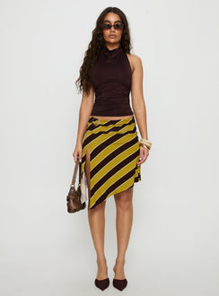  front view of model wearing Princess Polly Sherry Midi Skirt Stripe Retro Yellow Midi Skirts Skirts 
