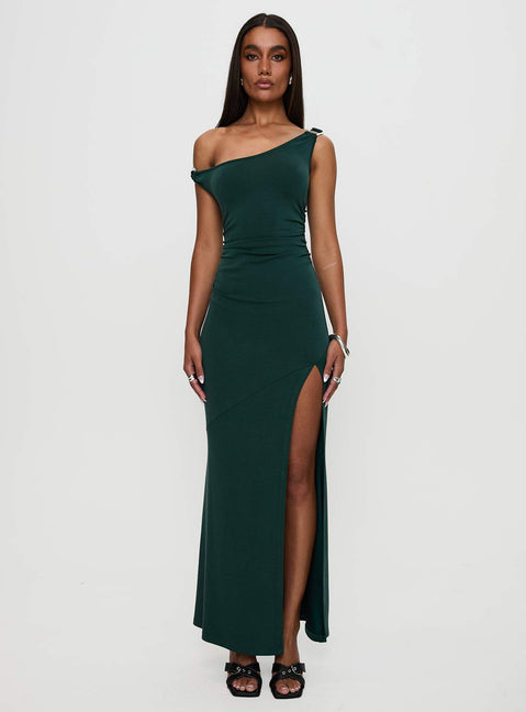 front view of model wearing Princess Polly Rios One Shoulder Maxi Dress Green Scoop Neck 
