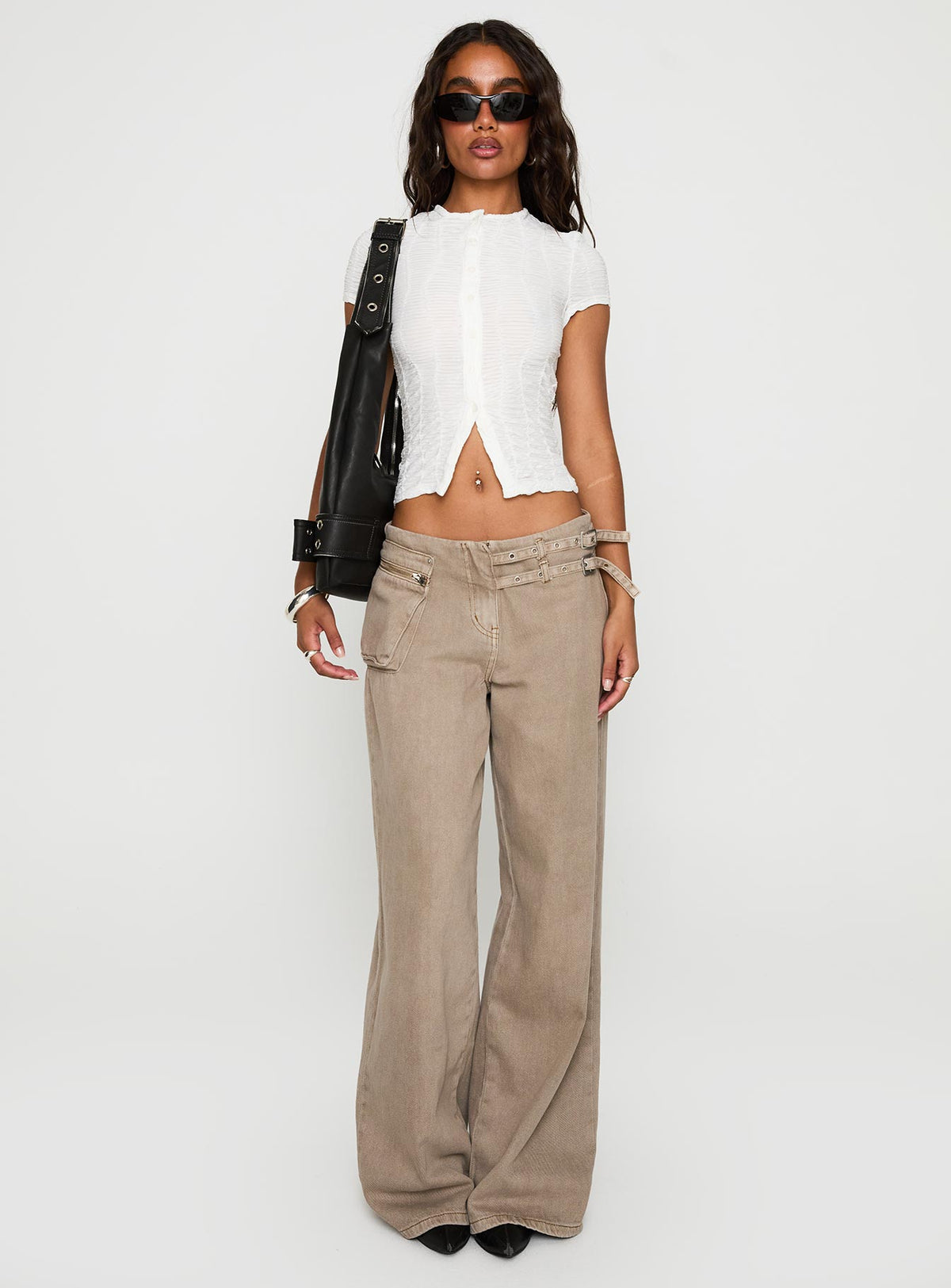 front view of model wearing Princess Polly Suzu Textured Top White Sleeveless Crew Neck 