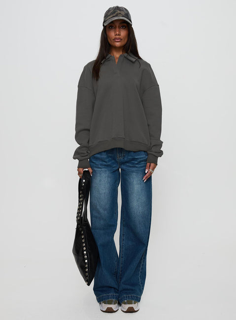 side view of model wearing Princess Polly Back Around Collared Fleece Jumper Slate Jumpers 