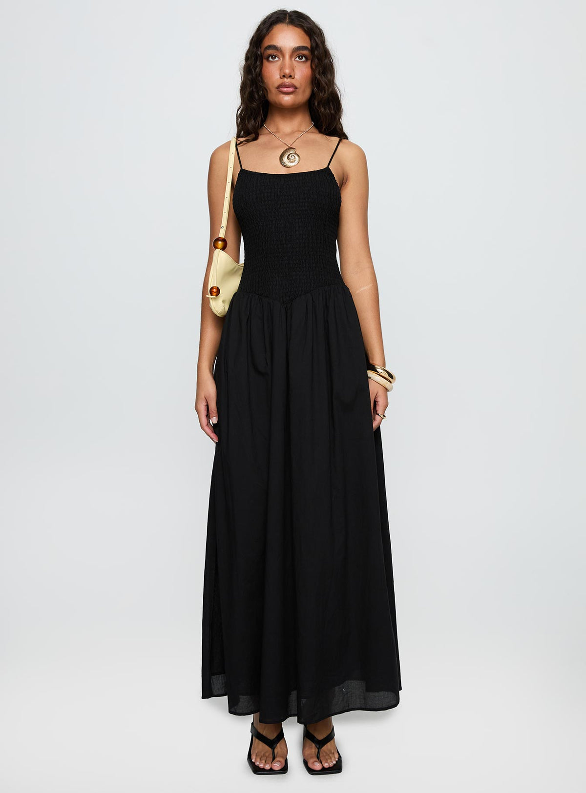 front view of model wearing Princess Polly Carys Maxi Dress Black Square Neck 