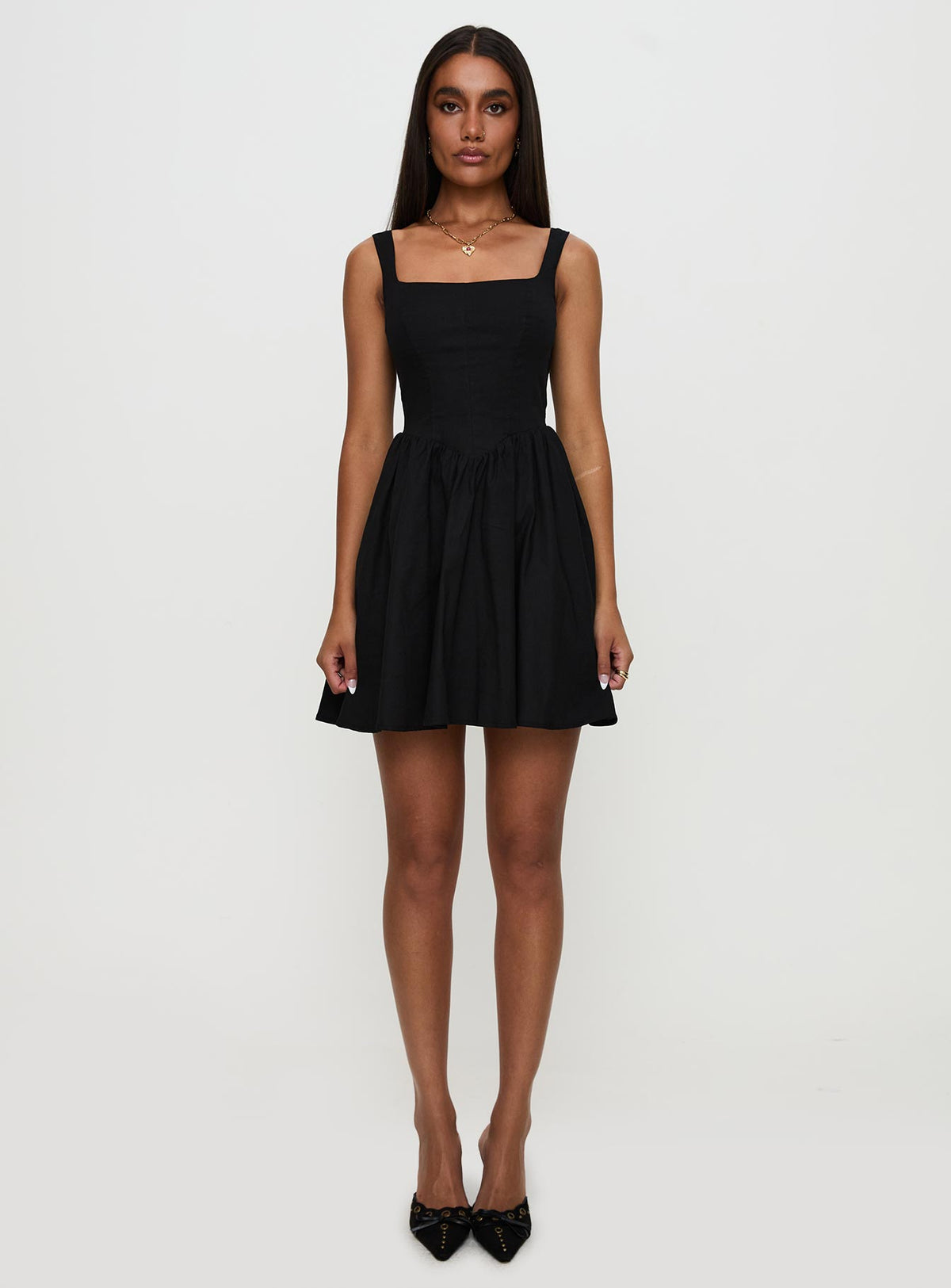 front view of model wearing Princess Polly Martie Mini Dress Black Square Neck 