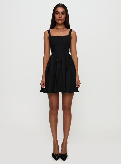 front view of model wearing Princess Polly Martie Mini Dress Black Square Neck 