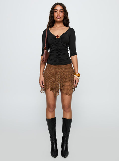 back view of model wearing Princess Polly Lifas Lace Mini Skirt Brown Mini Skirts 