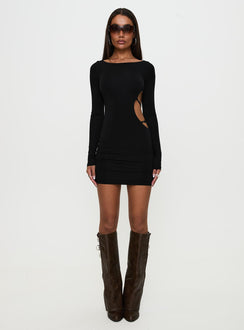 front view of model wearing Princess Polly Rowin Long Sleeve Cut Out Mini Dress Black Scoop Neck 
