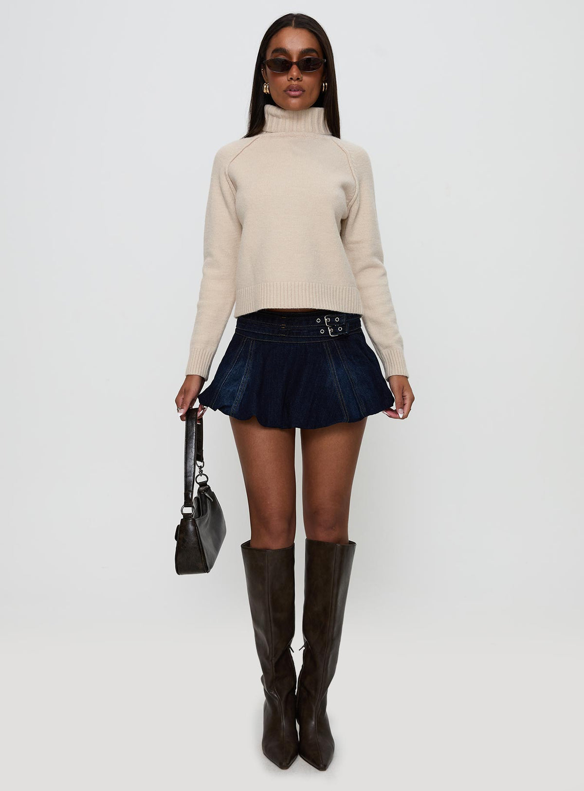 front view of model wearing Princess Polly Enrica Funnel Neck Knit Sweater Cream Cropped Jumpers Jumpers 