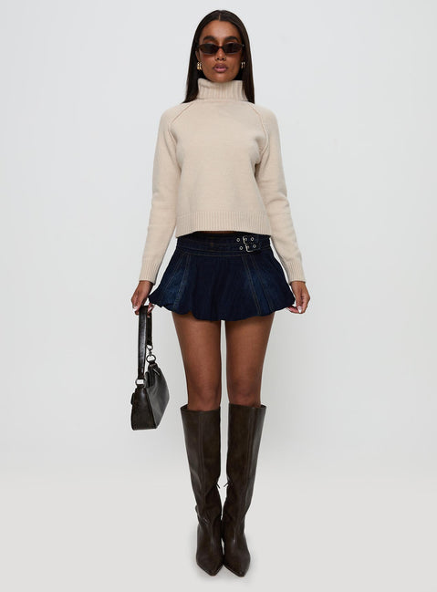 front view of model wearing Princess Polly Enrica Funnel Neck Knit Sweater Cream Cropped Jumpers Jumpers 
