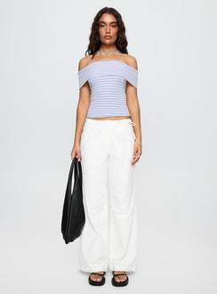 front view of model wearing Princess Polly Ausha Off Shoulder Top Lilac Stripe Short Sleeves straight 