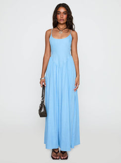 side view of model wearing Princess Polly Palisades Tie Up Maxi Dress Blue Scoop Neck 