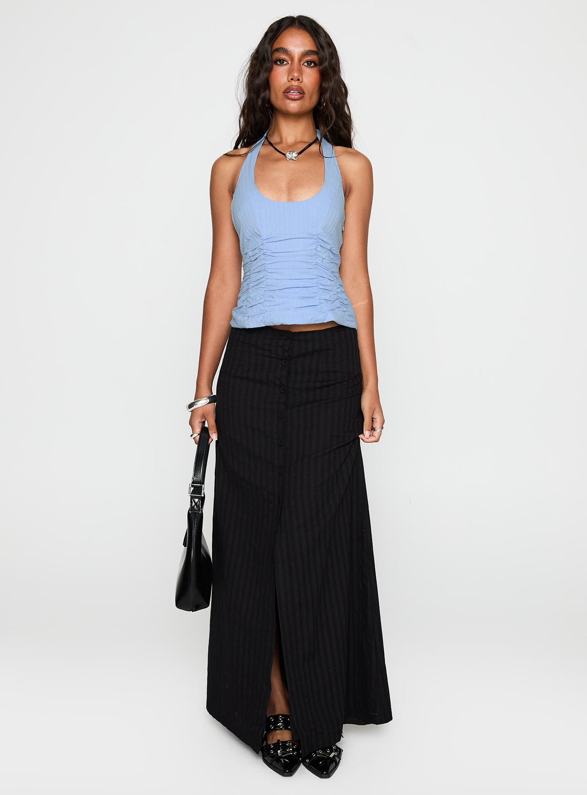 front view of model wearing Princess Polly Nataliya Halter Top Blue Sleeveless Scoop Neck 